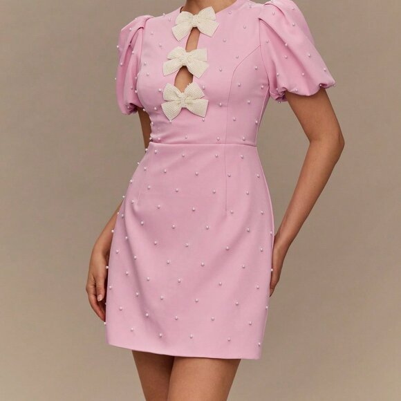 Pink Casual Women's Pearl Bow Decor Short Sleeve Dress - Picture 5 of 7